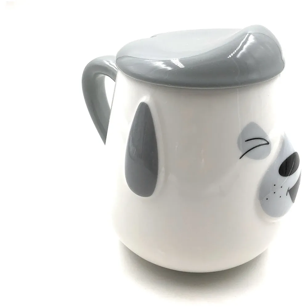 3-D Molded I Cute Animal Ceramic Mug with Spoon and Lid ~ Box Packed and High Detailing (Grey Dog Laughing)