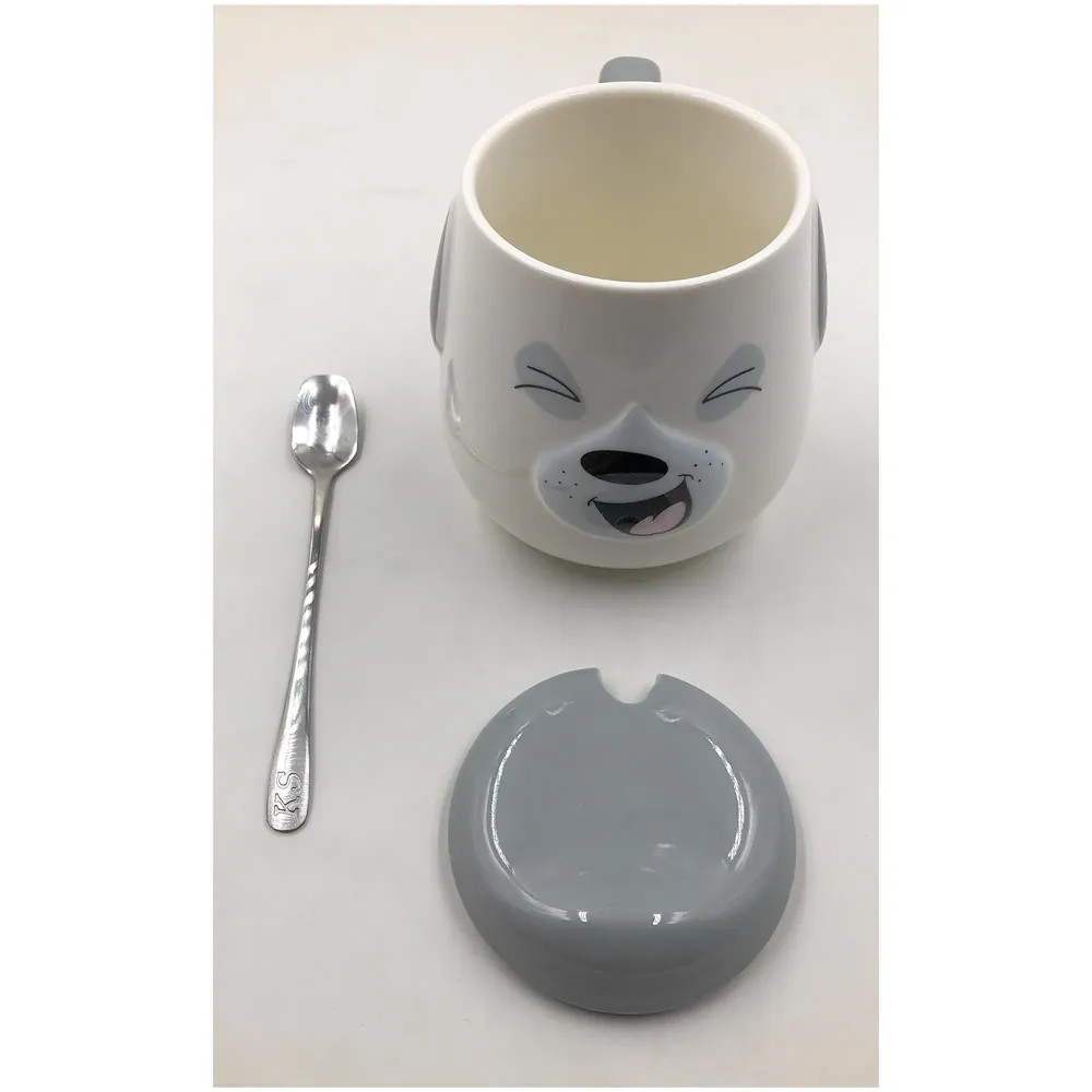 3-D Molded I Cute Animal Ceramic Mug with Spoon and Lid ~ Box Packed and High Detailing (Grey Dog Laughing)