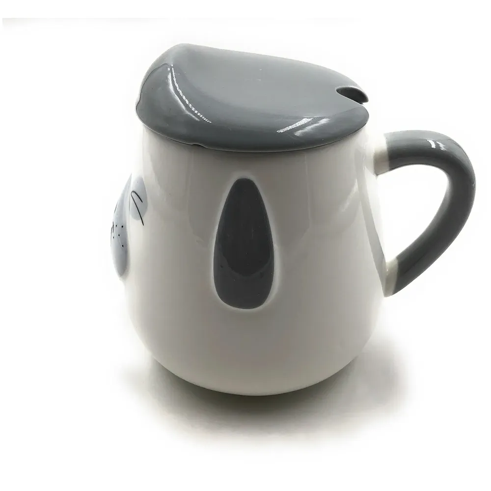 3-D Molded I Cute Animal Ceramic Mug with Spoon and Lid ~ Box Packed and High Detailing (Grey Dog Laughing)