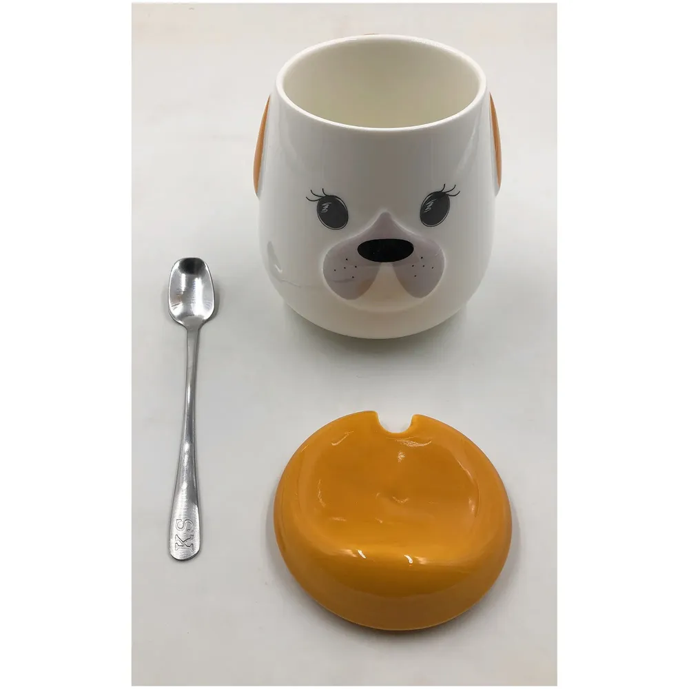 3-D Molded I Cute Animal Ceramic Mug with Spoon and Lid ~ Box Packed and High Detailing (Brown Dog Lashes)