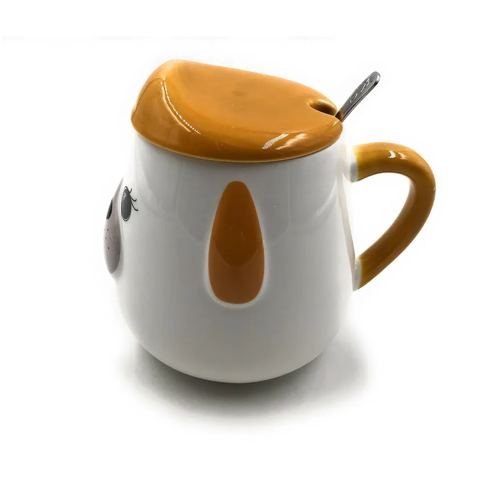 3-D Molded I Cute Animal Ceramic Mug with Spoon and Lid ~ Box Packed and High Detailing (Brown Dog Lashes)