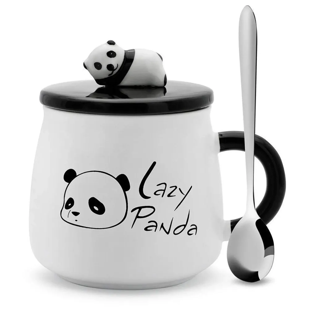3-D Molded I Cute Animal Ceramic Mug With Spoon And Lid ~ Box Packed And High Detailing (Lazy Panda)