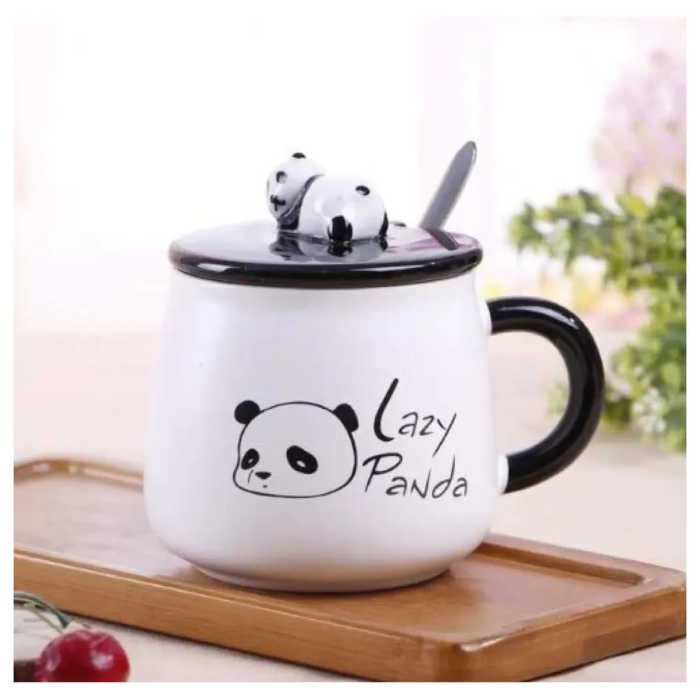 3-D Molded I Cute Animal Ceramic Mug With Spoon And Lid ~ Box Packed And High Detailing (Lazy Panda)