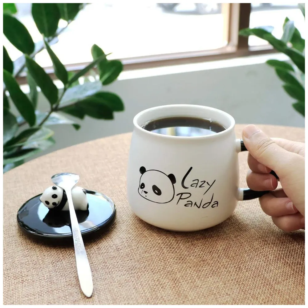 3-D Molded I Cute Animal Ceramic Mug With Spoon And Lid ~ Box Packed And High Detailing (Lazy Panda)