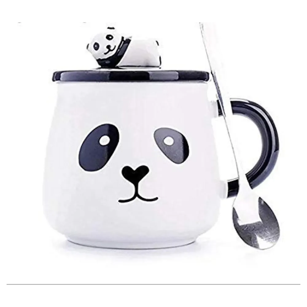 3-D Molded I Cute Animal Ceramic Mug with Spoon and Lid ~ Box Packed and High Details (Panda Face)