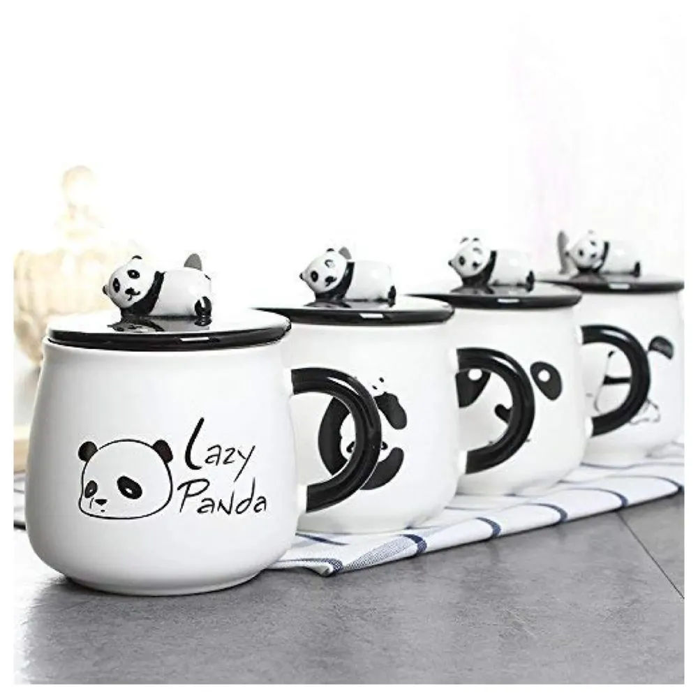 3-D Molded I Cute Animal Ceramic Mug with Spoon and Lid ~ Box Packed and High Details (Panda Face)