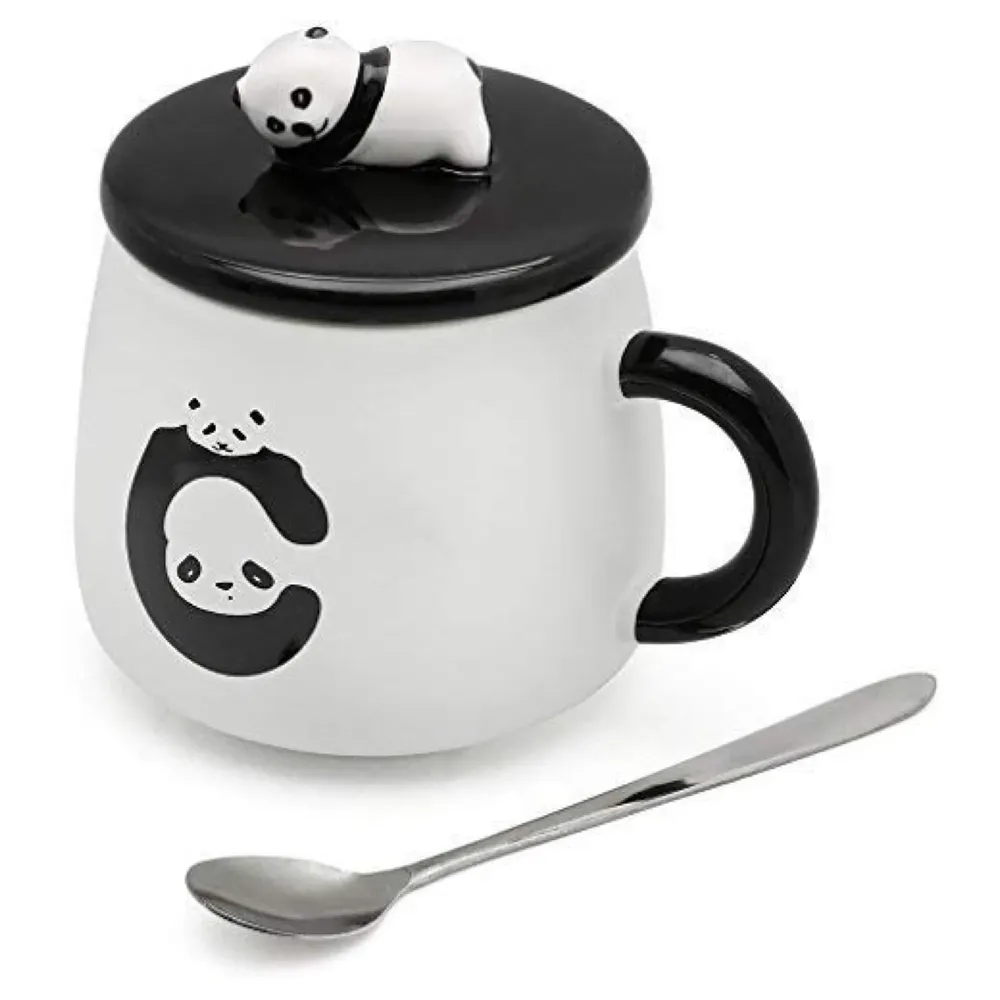 3-D Molded I Cute Animal Ceramic Mug with Spoon and Lid ~ Box Packed and High Detailing Panda