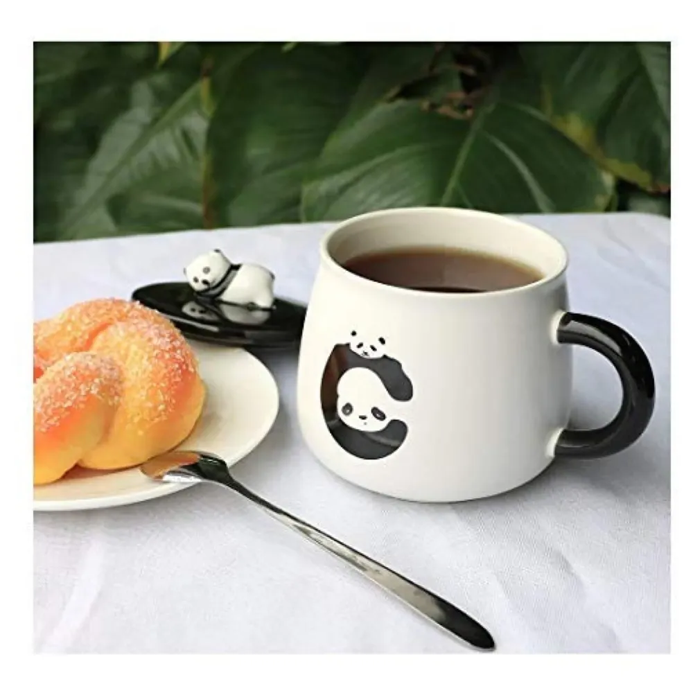 3-D Molded I Cute Animal Ceramic Mug with Spoon and Lid ~ Box Packed and High Detailing Panda