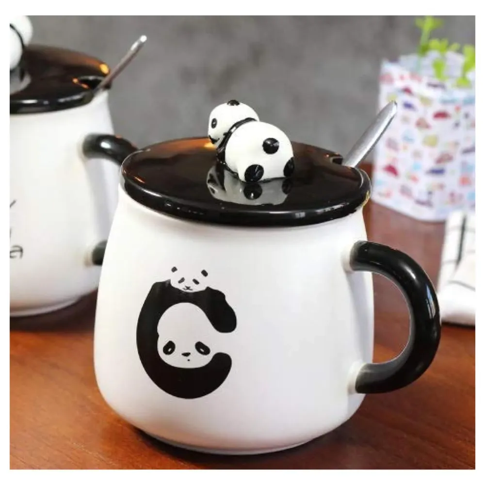 3-D Molded I Cute Animal Ceramic Mug with Spoon and Lid ~ Box Packed and High Detailing Panda