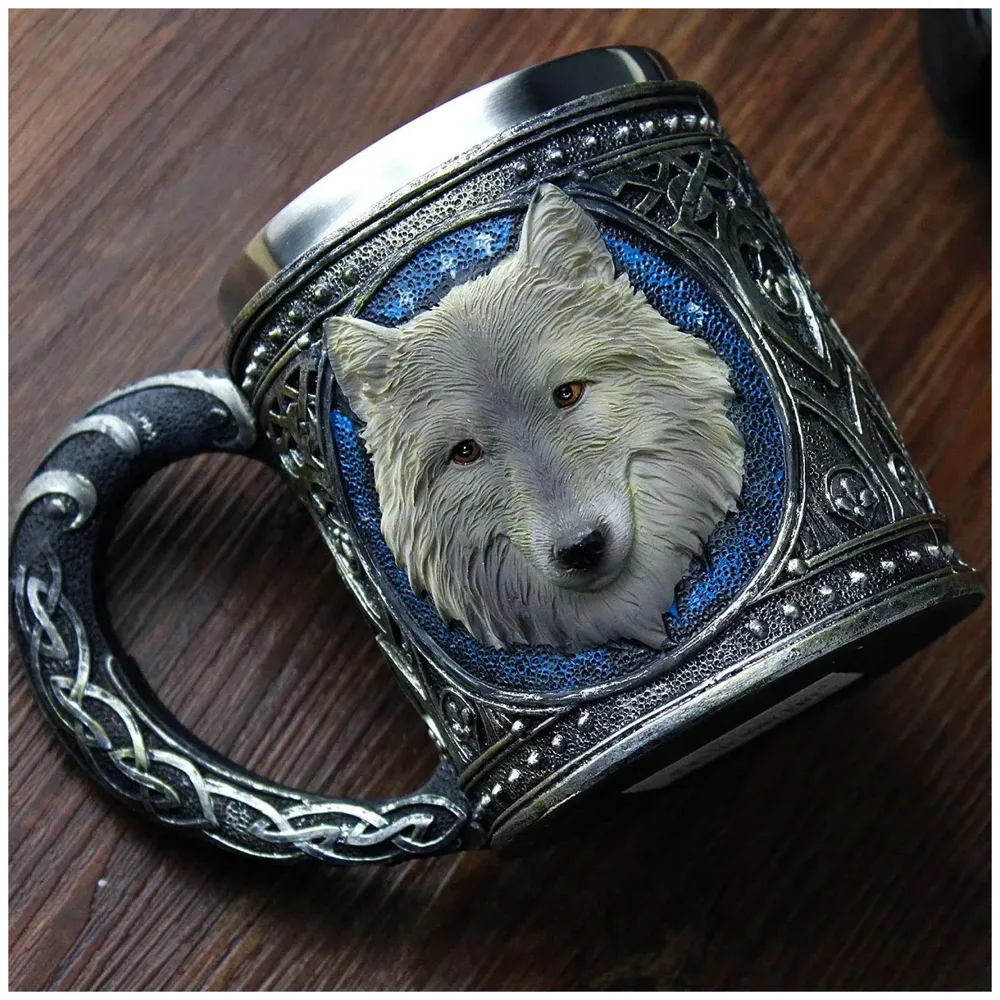 3D Skull Mug Stainless Steel 301-400ml Coffee Tea Cup (Wolf)