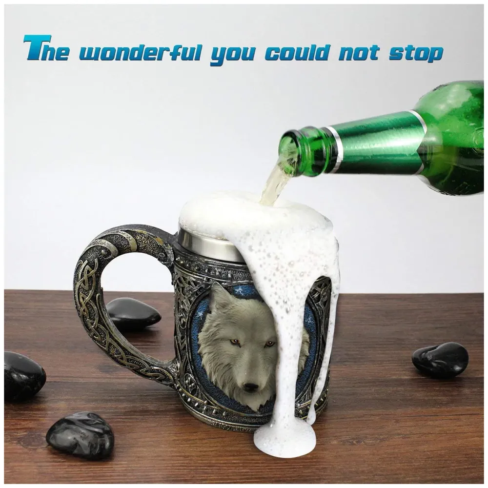 3D Skull Mug Stainless Steel 301-400ml Coffee Tea Cup (Wolf)