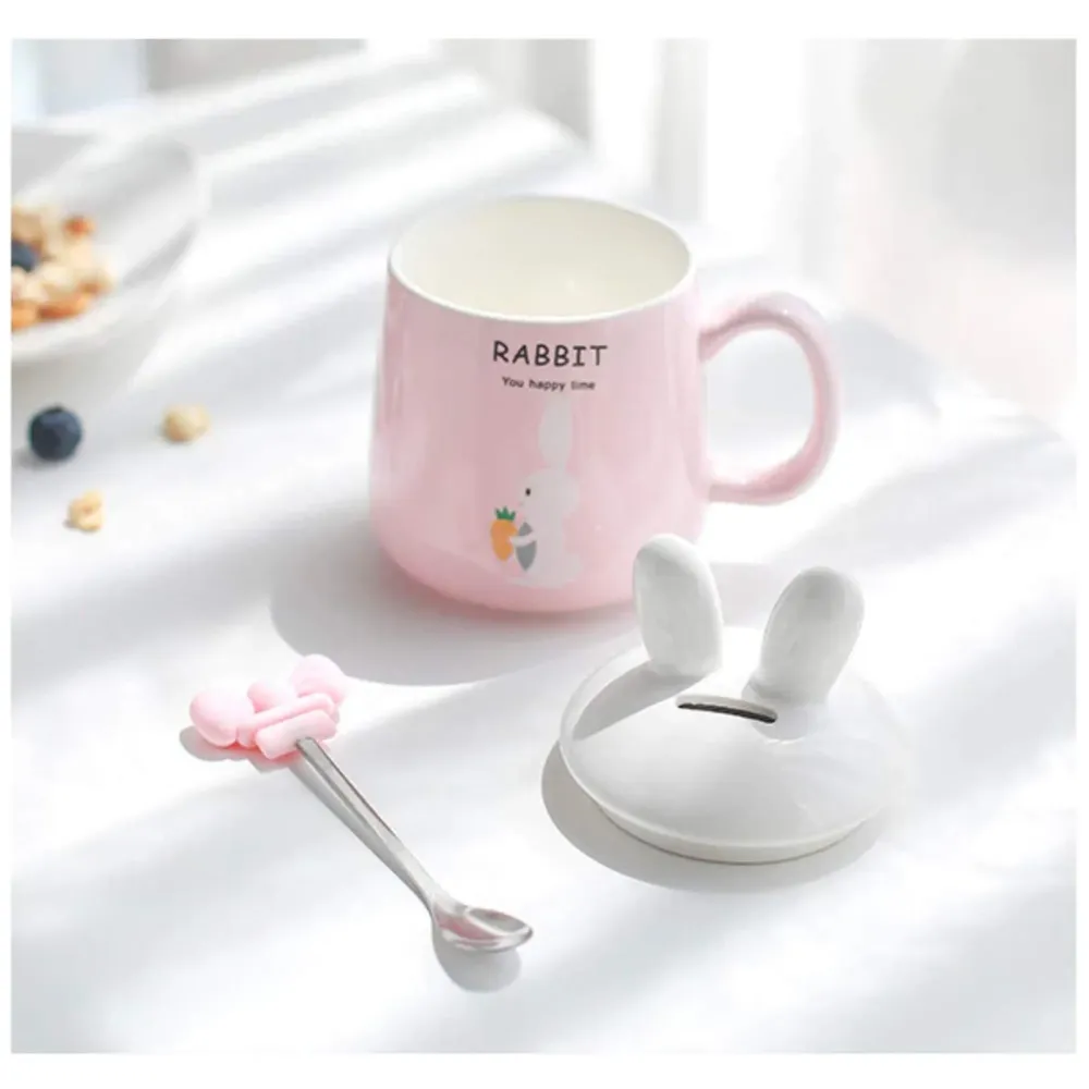 3-D Molded I Cute Rabbit Animal Ceramic Mug with Spoon and Lid ~ Box Packed and High Detailing (Pink Rabbit)