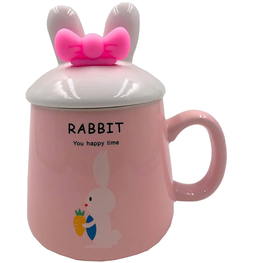 3-D Molded I Cute Rabbit Animal Ceramic Mug with Spoon and Lid ~ Box Packed and High Detailing (Pink Rabbit)