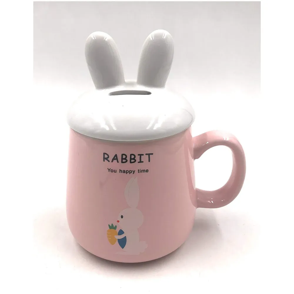 3-D Molded I Cute Rabbit Animal Ceramic Mug with Spoon and Lid ~ Box Packed and High Detailing (Pink Rabbit)