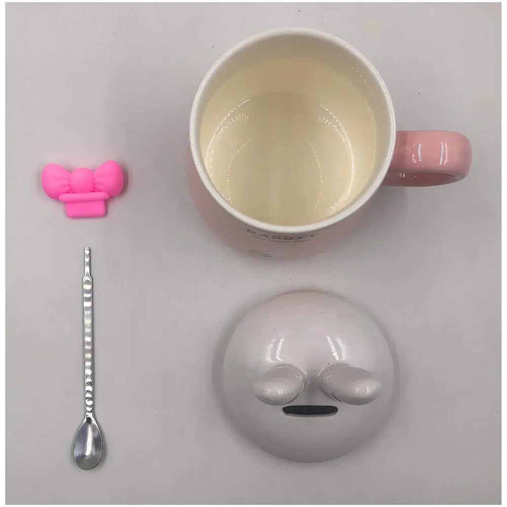 3-D Molded I Cute Rabbit Animal Ceramic Mug with Spoon and Lid ~ Box Packed and High Detailing (Pink Rabbit)