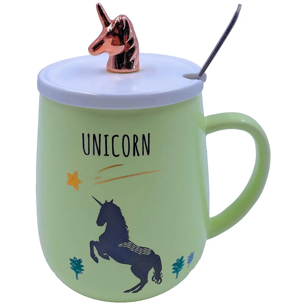 Unicorn Mug Cup 3D Design 350 ML with Lid and Spoon (Green)