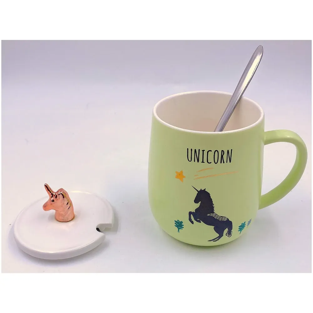 Unicorn Mug Cup 3D Design 350 ML with Lid and Spoon (Green) - 3
