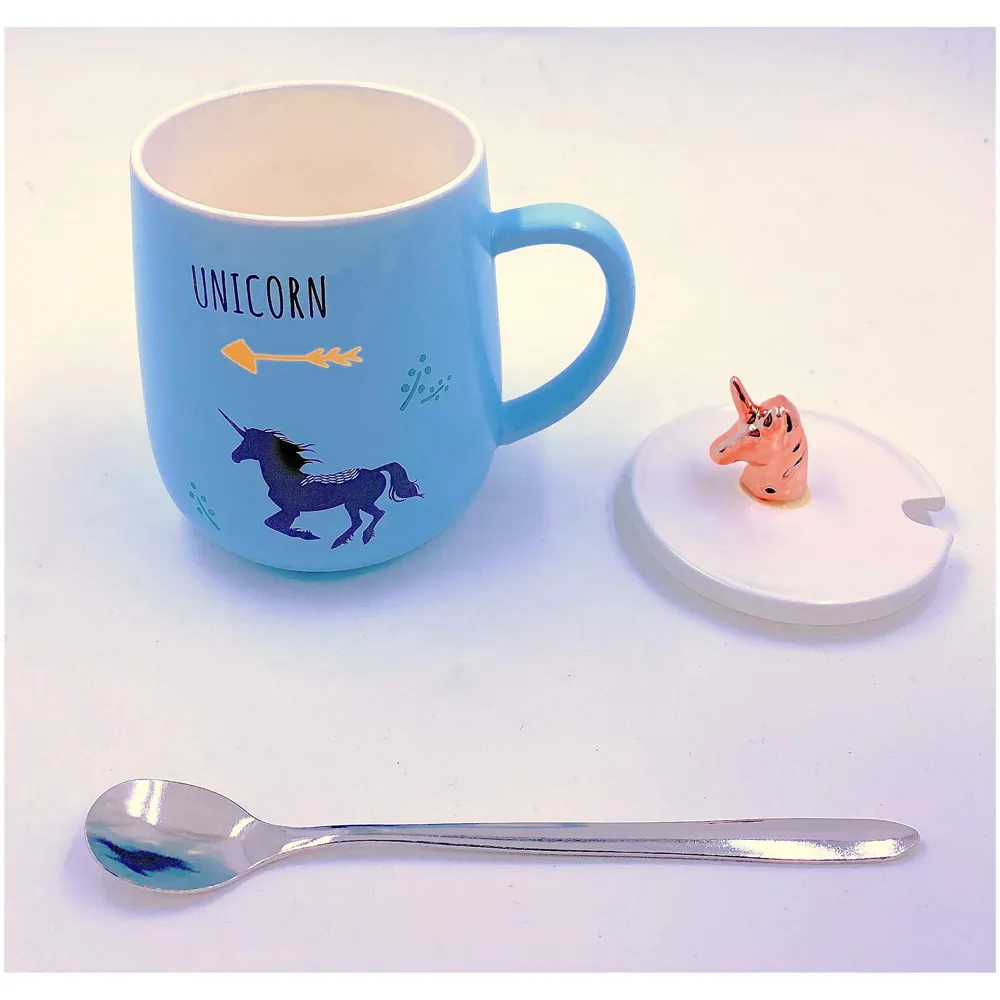 Unicorn Mug Cup 3D Design 350 ML with Lid and Spoon (Blue) - 3