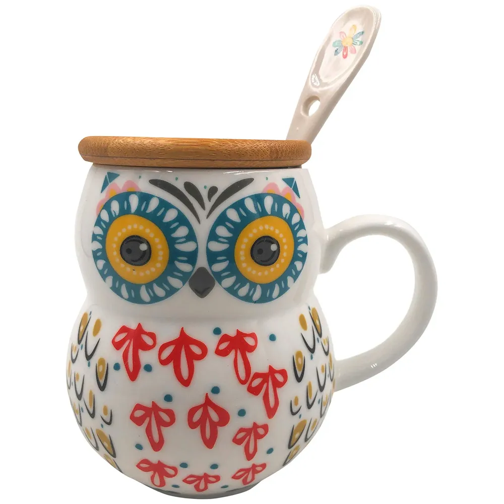 3-D Molded I Cute Animal Ceramic Mug with Spoon and Lid ~ Box Packed and High Detailing (Art Owl B)