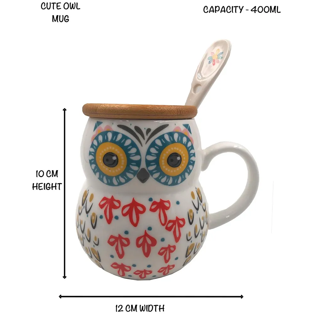 3-D Molded I Cute Animal Ceramic Mug with Spoon and Lid ~ Box Packed and High Detailing (Art Owl B)