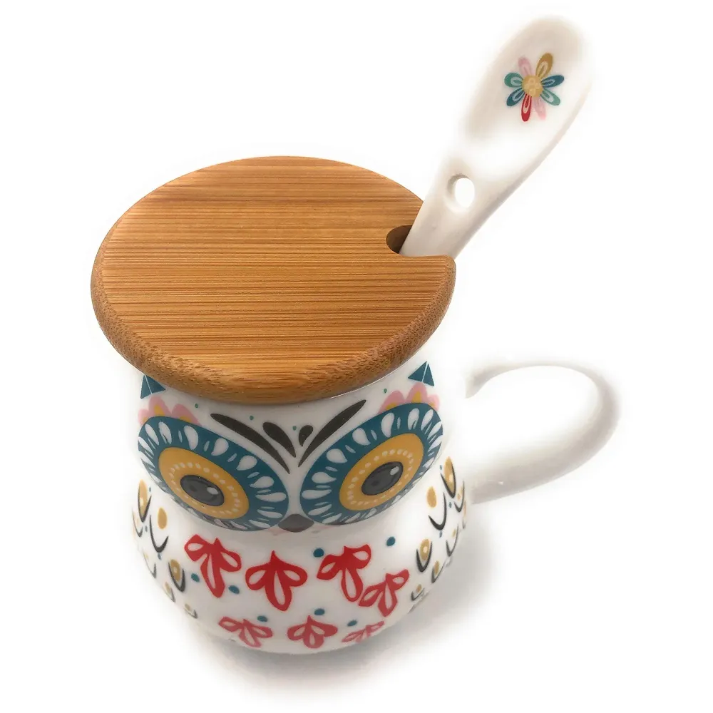 3-D Molded I Cute Animal Ceramic Mug with Spoon and Lid ~ Box Packed and High Detailing (Art Owl B)
