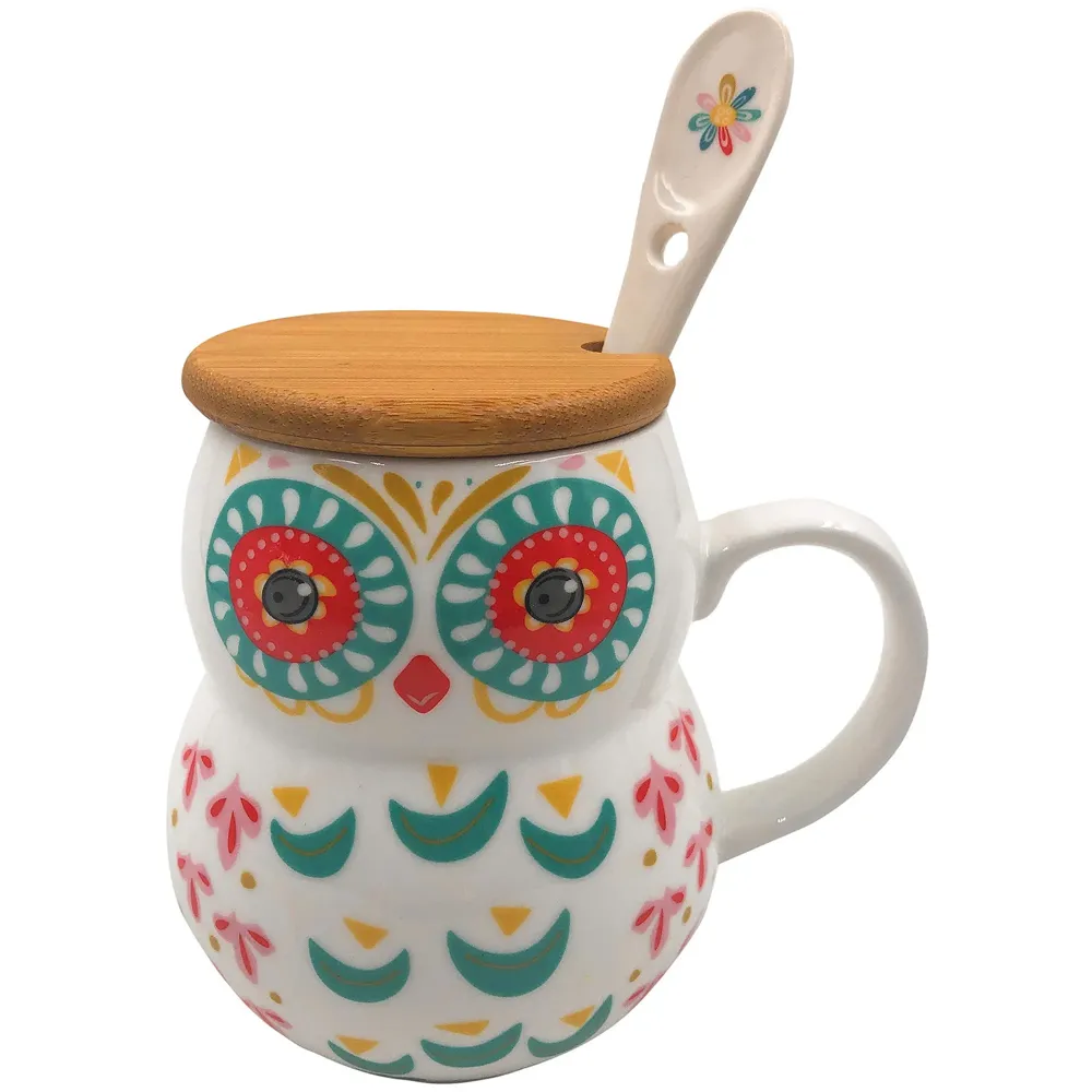 3-D Molded I Cute Animal Ceramic Mug with Spoon and Lid ~ Box Packed and High Detailing (Art Owl C)