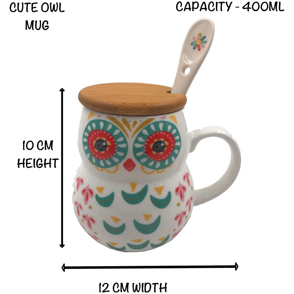 3-D Molded I Cute Animal Ceramic Mug with Spoon and Lid ~ Box Packed and High Detailing (Art Owl C)