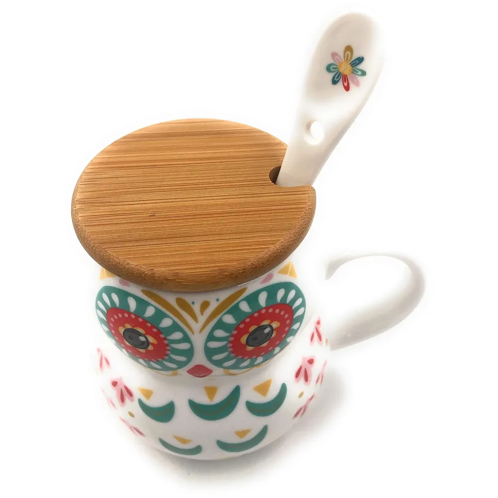 3-D Molded I Cute Animal Ceramic Mug with Spoon and Lid ~ Box Packed and High Detailing (Art Owl C)