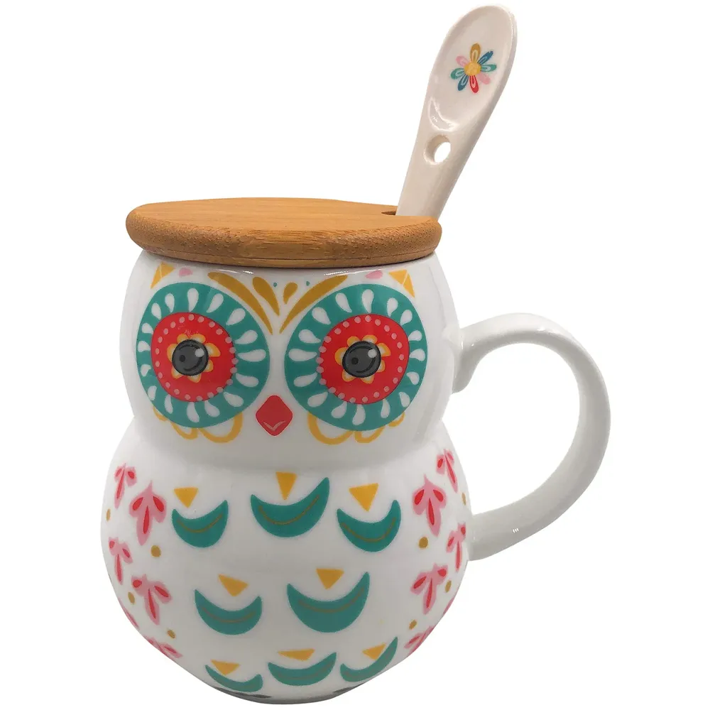 3-D Molded I Cute Animal Ceramic Mug with Spoon and Lid ~ Box Packed and High Detailing (Art Owl C)