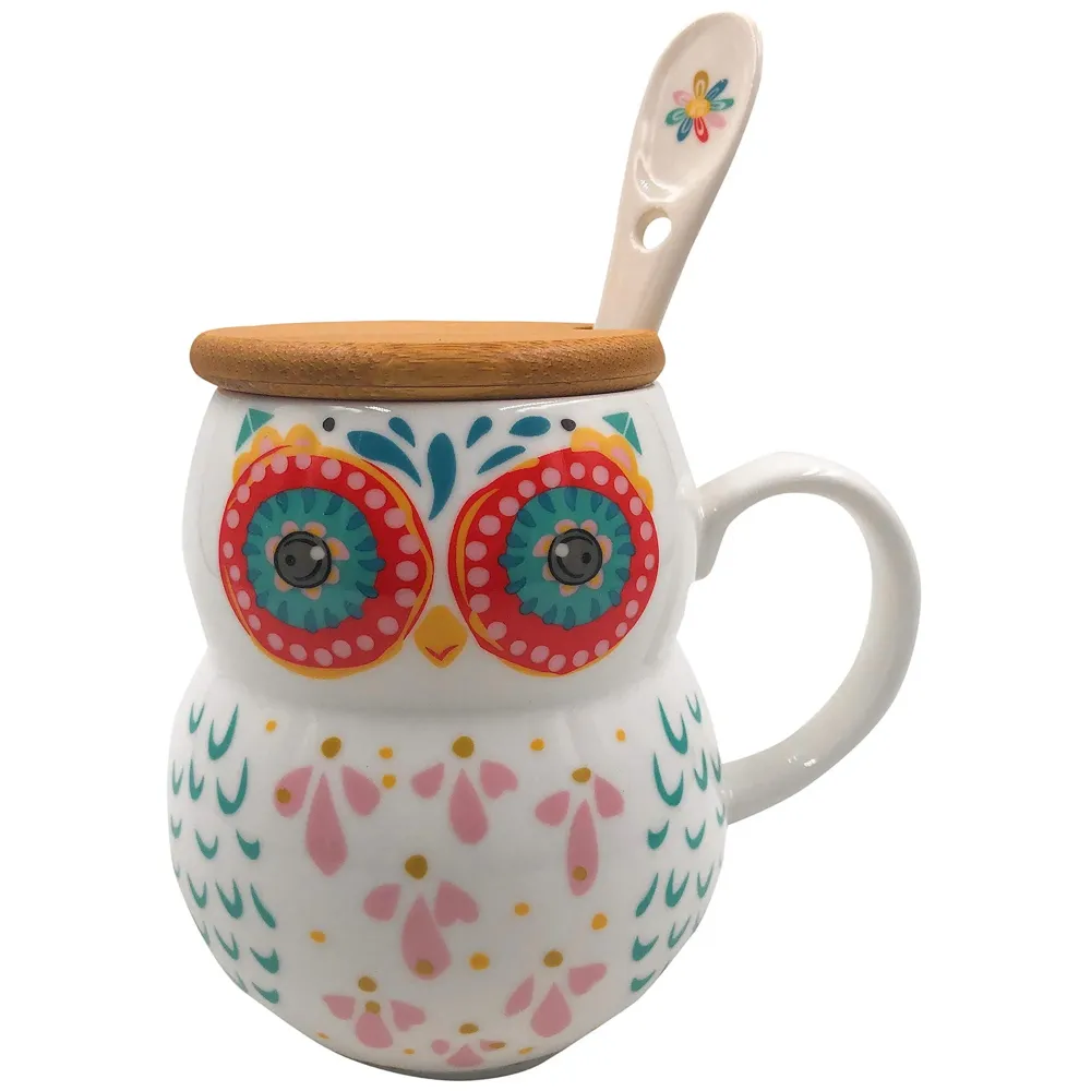 3-D Molded I Cute Animal Ceramic Mug with Spoon and Lid ~ Box Packed and High Detailing (Art Owl D)