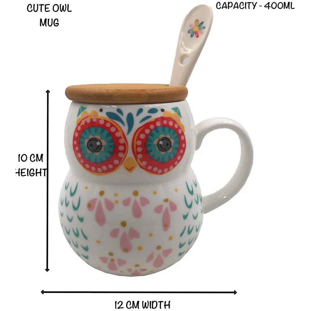 3-D Molded I Cute Animal Ceramic Mug with Spoon and Lid ~ Box Packed and High Detailing (Art Owl D)