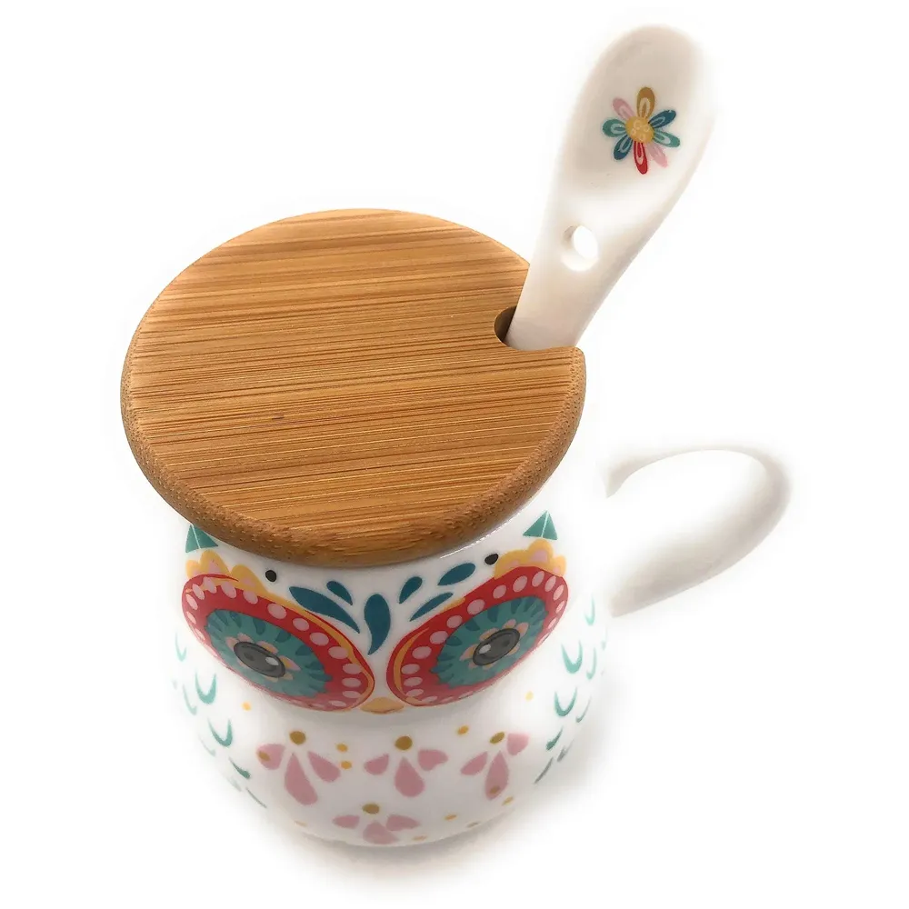 3-D Molded I Cute Animal Ceramic Mug with Spoon and Lid ~ Box Packed and High Detailing (Art Owl D)