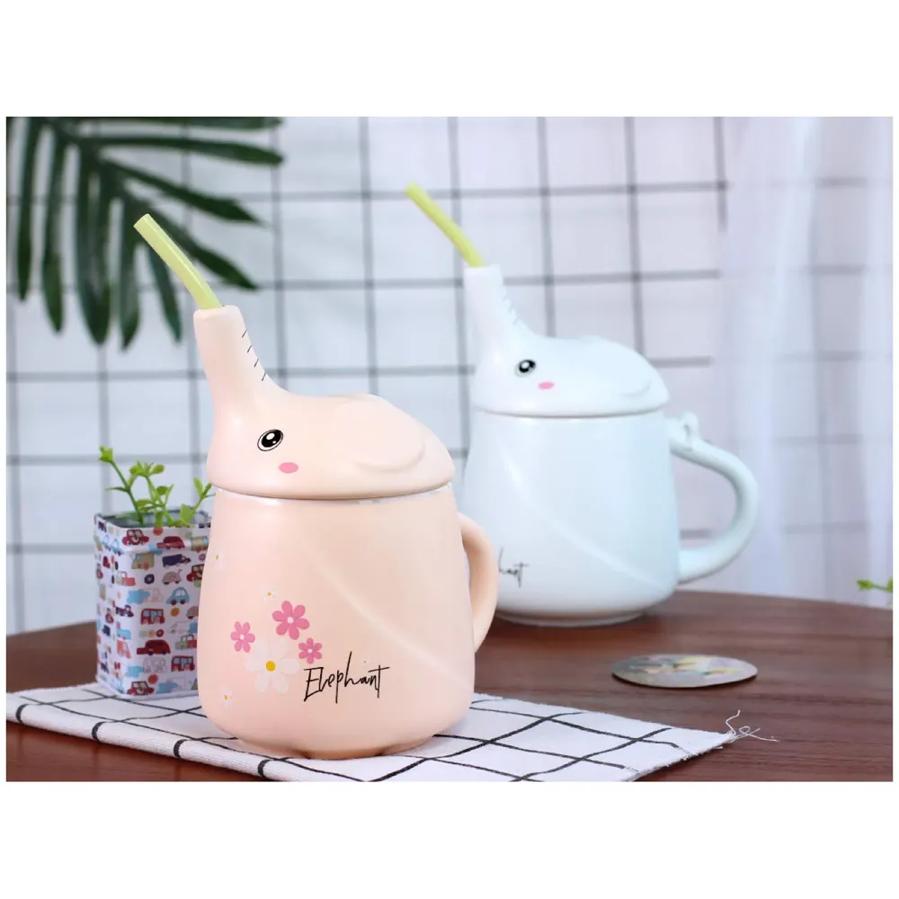 3-D Molded I Cute Animal Ceramic Mug with Spoon and Lid ~ Box Packed and High Detailing (Elephant Blue)