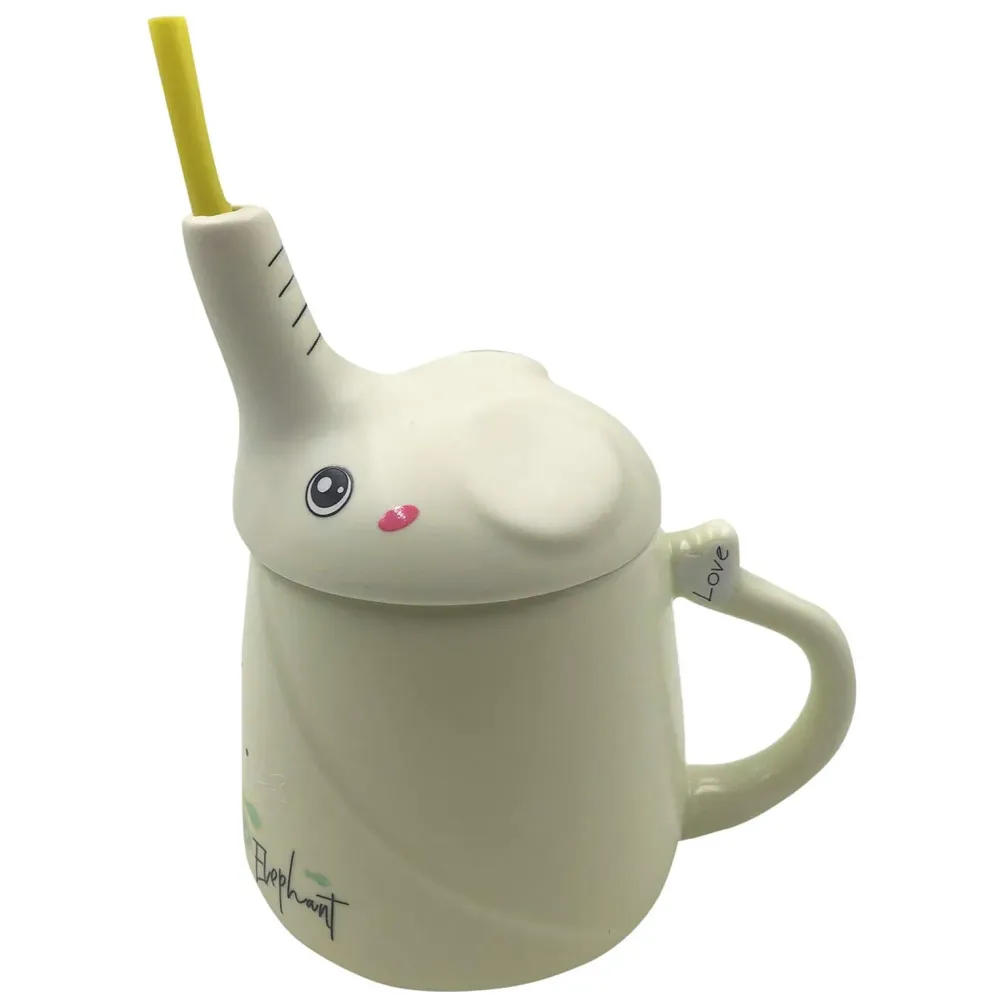 3-D Molded I Cute Animal Ceramic Mug with Spoon and Lid ~ Box Packed and High Detailing (Elephant Green)