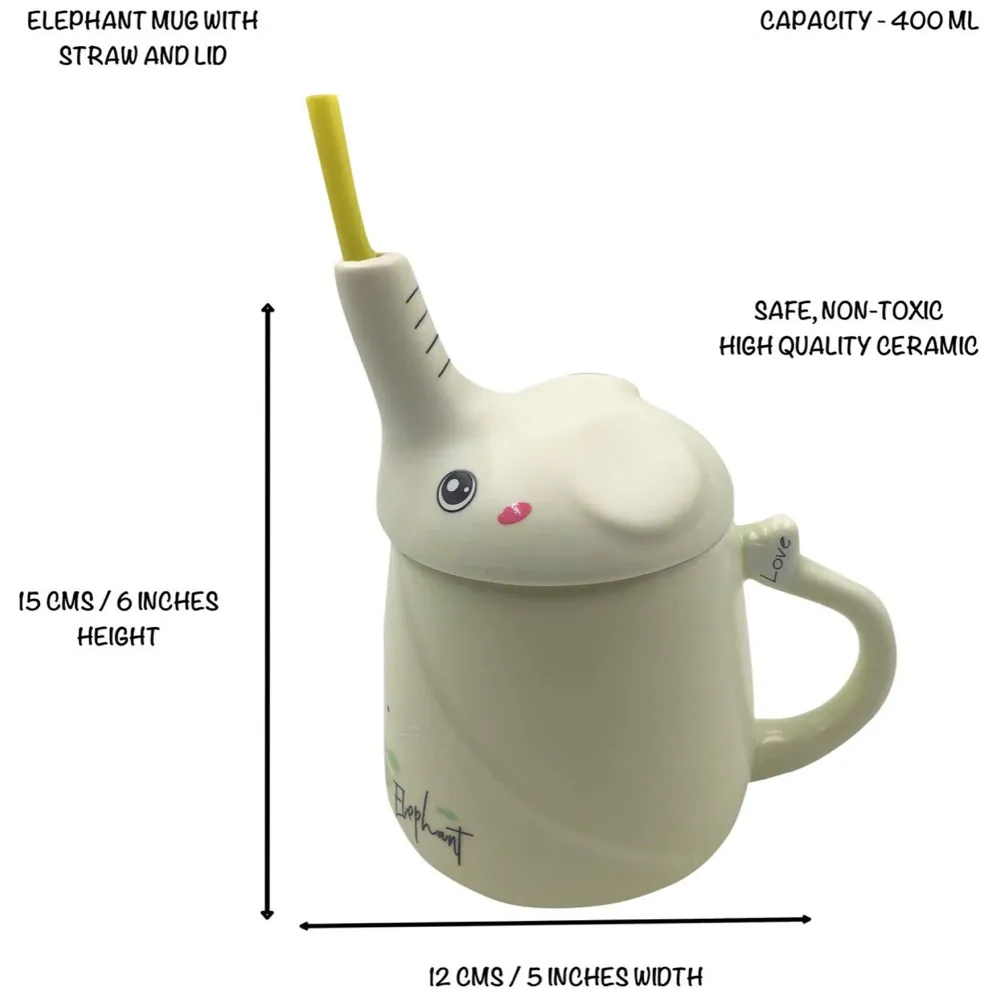 3-D Molded I Cute Animal Ceramic Mug with Spoon and Lid ~ Box Packed and High Detailing (Elephant Green)