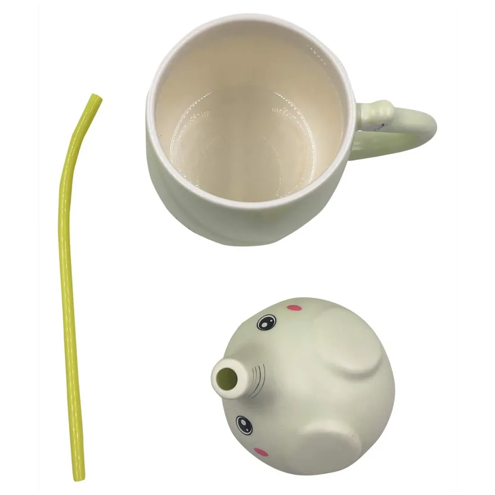 3-D Molded I Cute Animal Ceramic Mug with Spoon and Lid ~ Box Packed and High Detailing (Elephant Green)