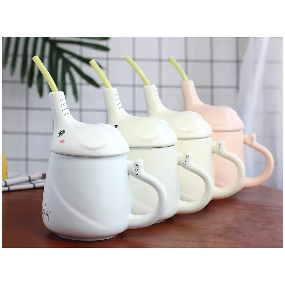 3-D Molded I Cute Animal Ceramic Mug with Spoon and Lid ~ Box Packed and High Detailing (Elephant Green)