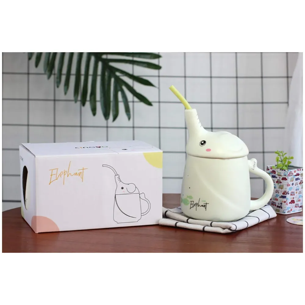 3-D Molded I Cute Animal Ceramic Mug with Spoon and Lid ~ Box Packed and High Detailing (Elephant Green)