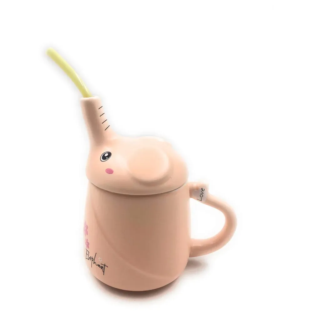 3-D Molded I Cute Animal Ceramic Mug with Spoon and Lid ~ Box Packed and High Detailing (Elephant Pink)