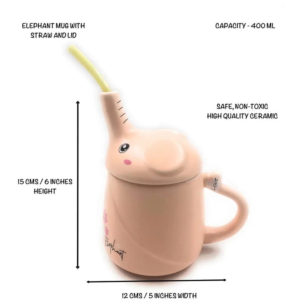3-D Molded I Cute Animal Ceramic Mug with Spoon and Lid ~ Box Packed and High Detailing (Elephant Pink)