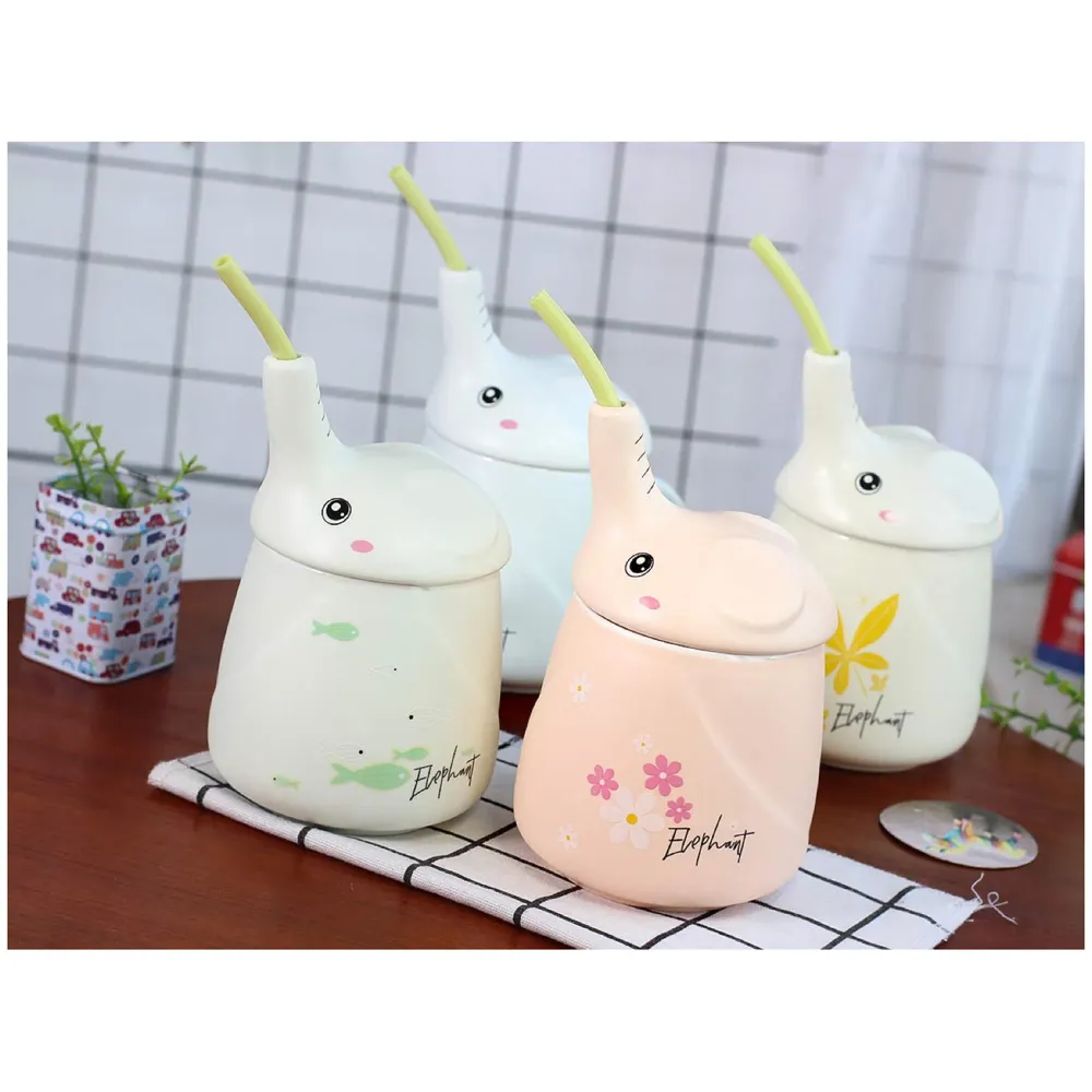 3-D Molded I Cute Animal Ceramic Mug with Spoon and Lid ~ Box Packed and High Detailing (Elephant Pink)