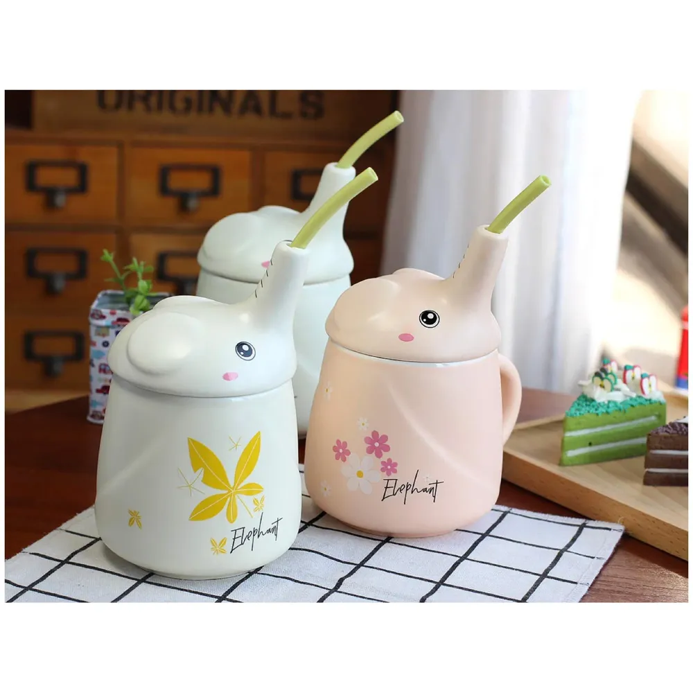 3-D Molded I Cute Animal Ceramic Mug with Spoon and Lid ~ Box Packed and High Detailing (Elephant Pink)