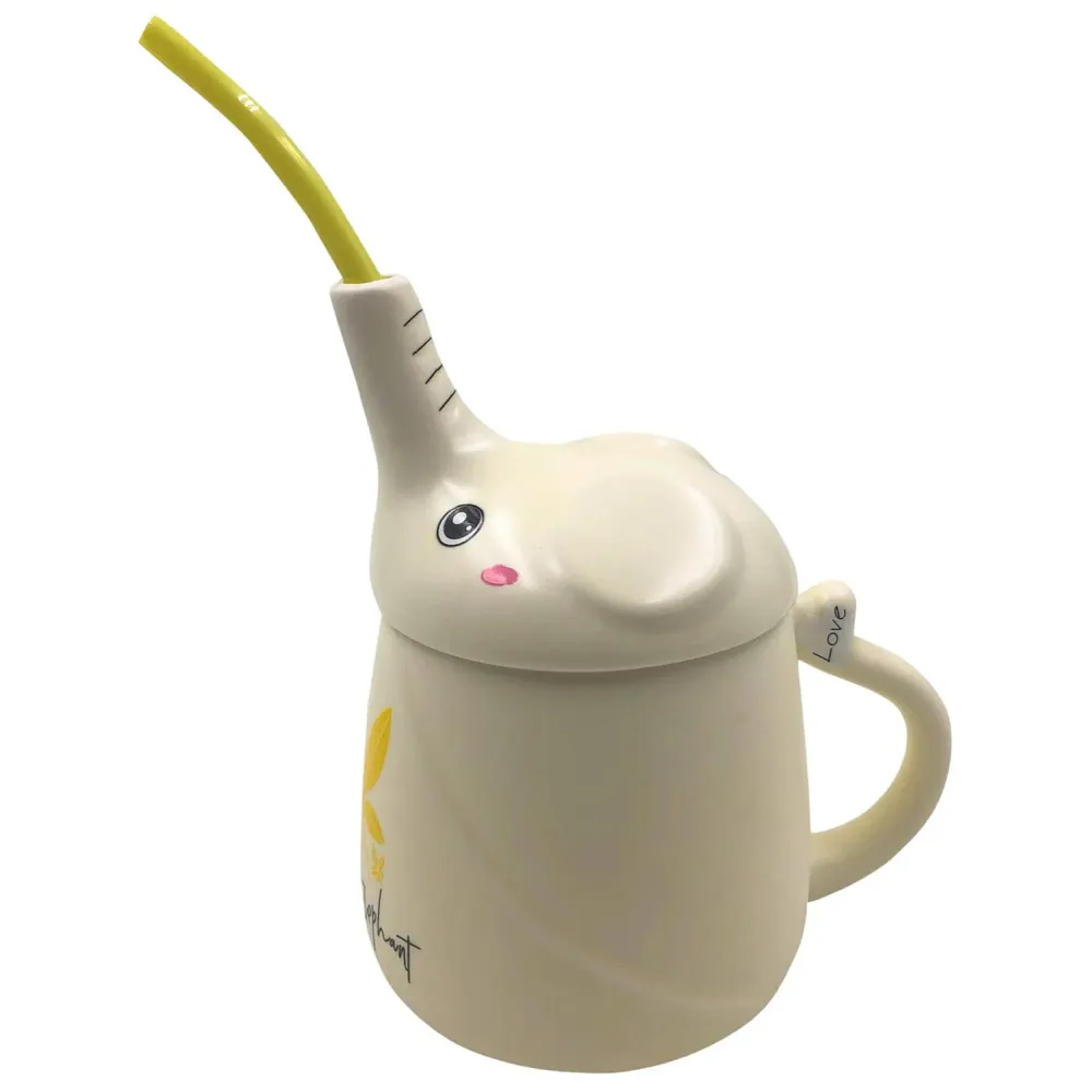 3-D Molded I Cute Animal Ceramic Mug with Spoon and Lid ~ Box Packed and High Detailing (Elephant Yellow)