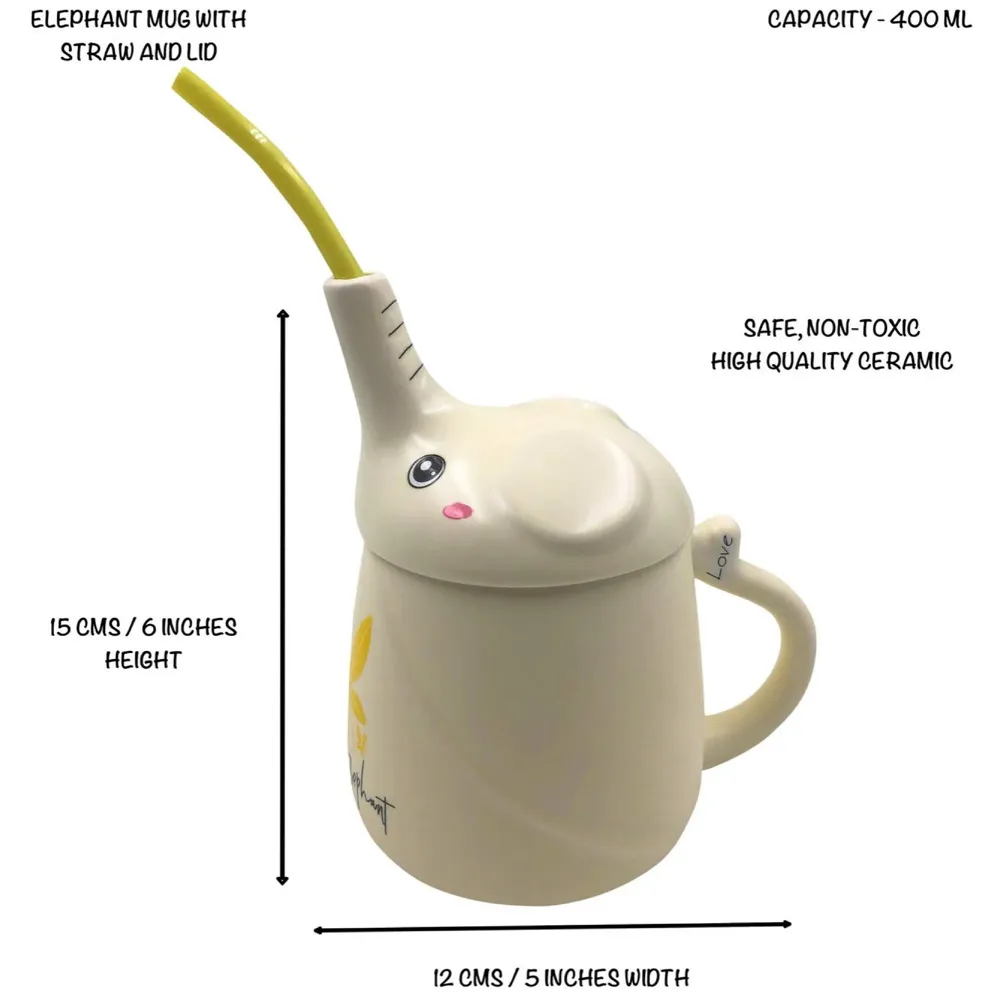 3-D Molded I Cute Animal Ceramic Mug with Spoon and Lid ~ Box Packed and High Detailing (Elephant Yellow)