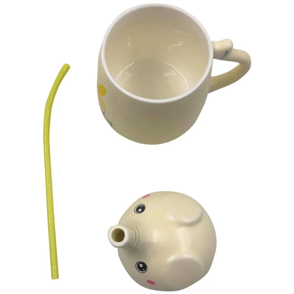 3-D Molded I Cute Animal Ceramic Mug with Spoon and Lid ~ Box Packed and High Detailing (Elephant Yellow)