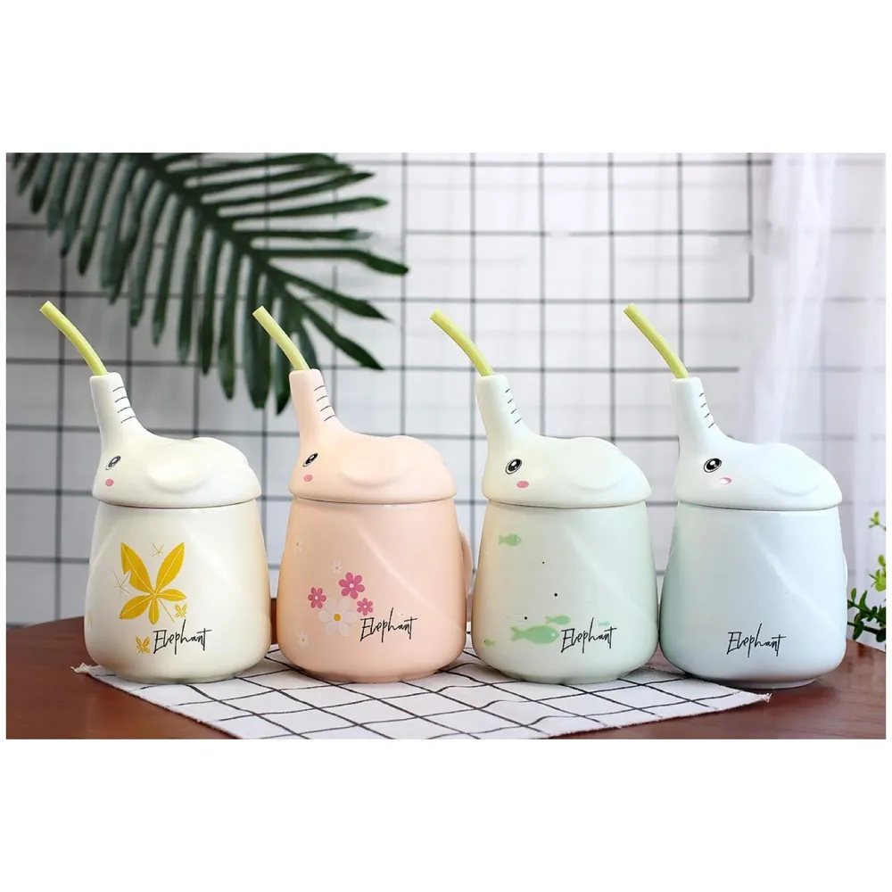 3-D Molded I Cute Animal Ceramic Mug with Spoon and Lid ~ Box Packed and High Detailing (Elephant Yellow)