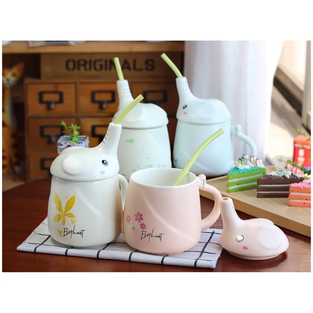 3-D Molded I Cute Animal Ceramic Mug with Spoon and Lid ~ Box Packed and High Detailing (Elephant Yellow)