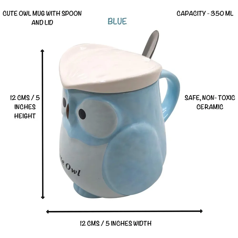 3-D Molded I Cute Animal Ceramic Mug with Spoon and Lid ~ Box Packed and High Detailing (Owl Blue)