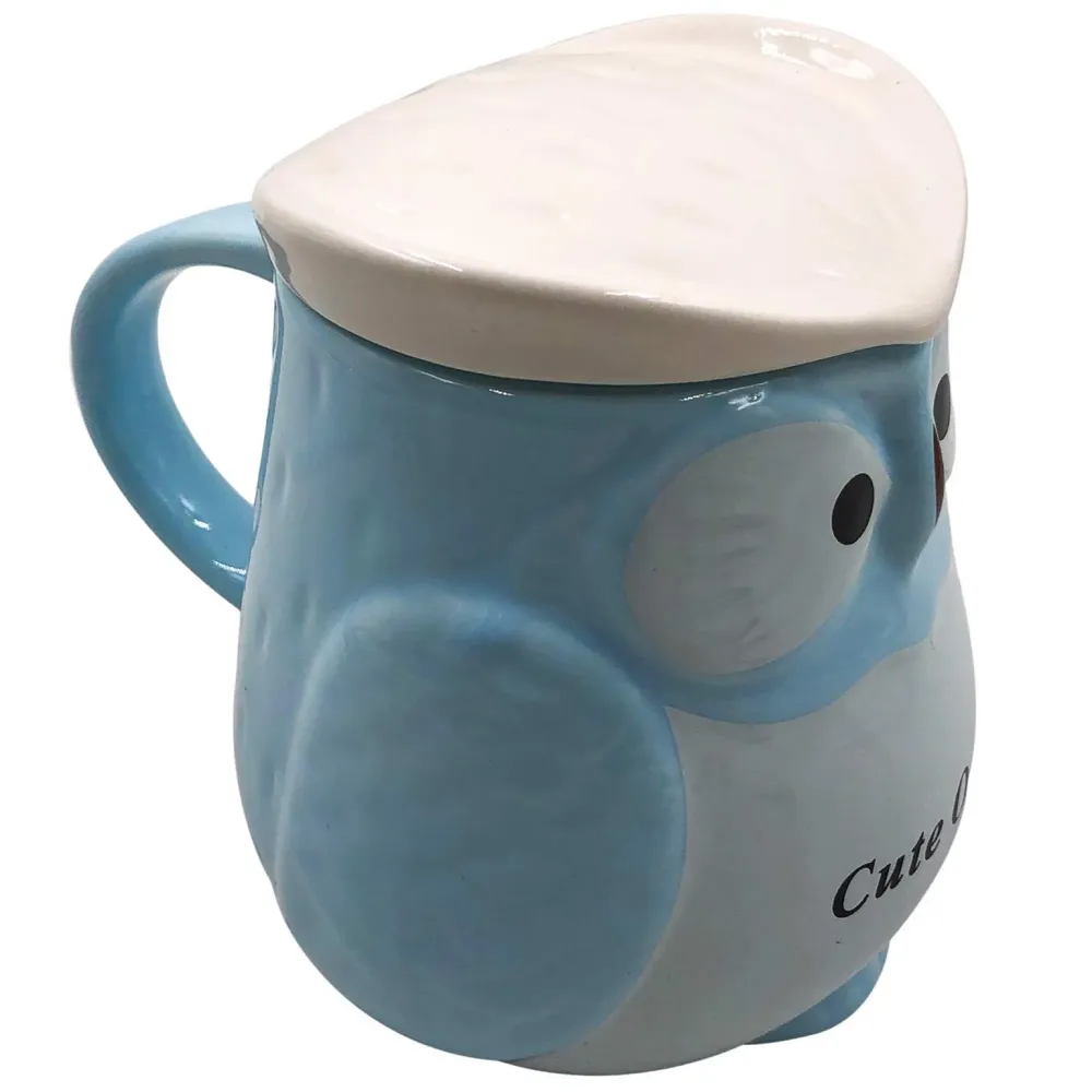 3-D Molded I Cute Animal Ceramic Mug with Spoon and Lid ~ Box Packed and High Detailing (Owl Blue)