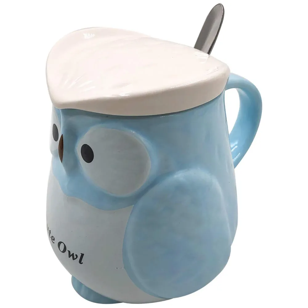 3-D Molded I Cute Animal Ceramic Mug with Spoon and Lid ~ Box Packed and High Detailing (Owl Blue)